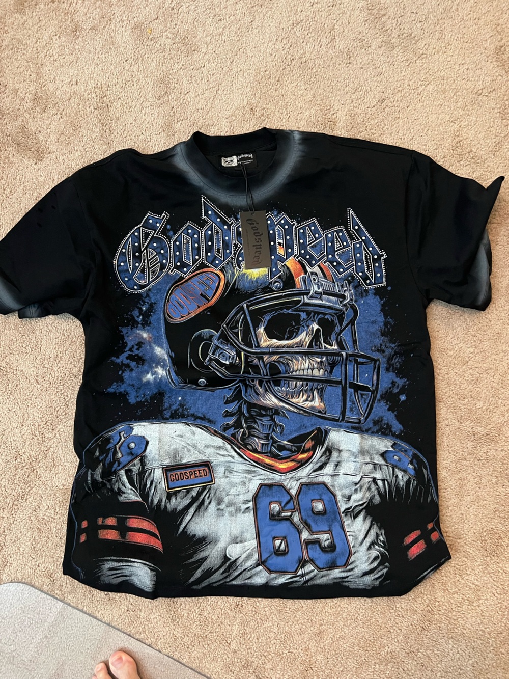 Godspeed Men's Black Graphic Football Skeleton Tee - Blue Accents